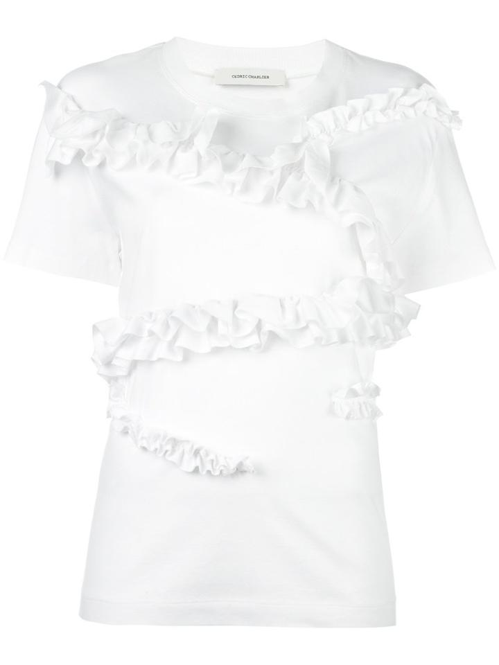Cédric Charlier Ruffled Panel T-shirt, Women's, Size: 38, White, Cotton/other Fibers