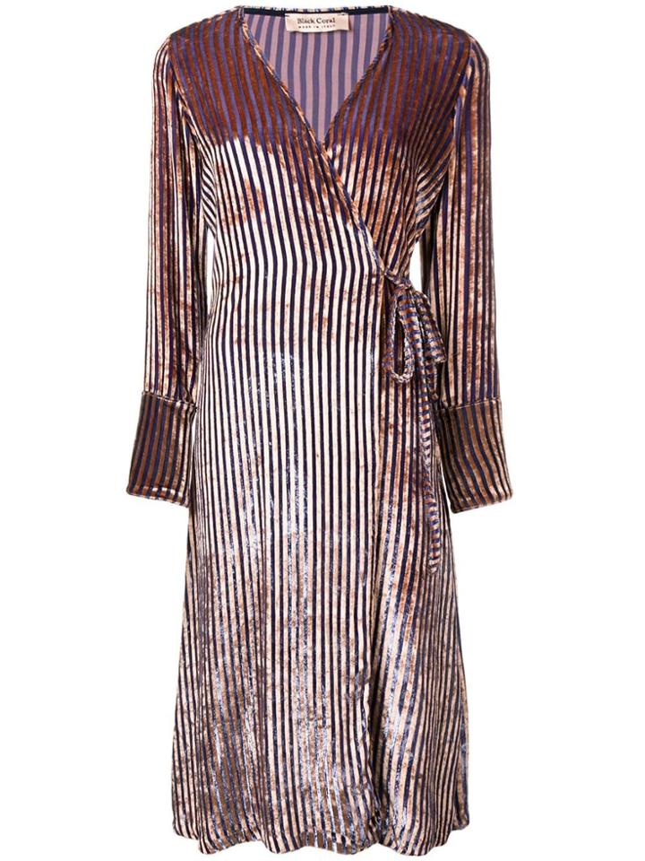 Black Coral Striped Velvet Wrap Dress - Purple