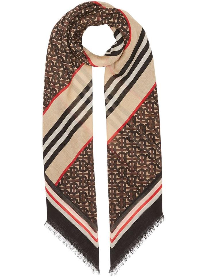 Burberry Icon Stripe Monogram Print Wool Silk Square Large Scarf -