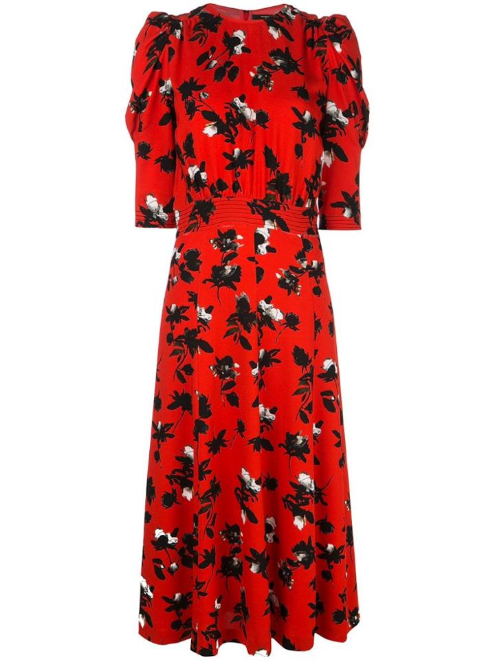 Derek Lam Floating Floral Puff Sleeve Midi Dress - Red