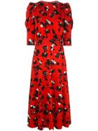 Derek Lam Floating Floral Puff Sleeve Midi Dress - Red
