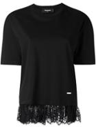 Dsquared2 Lace Effect Fringed T-shirt, Women's, Size: Xs, Black, Cotton/polyamide