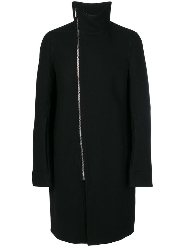Rick Owens - Off-center Zip Fastening Coat - Men - Cotton/polyamide/cupro/virgin Wool - 50, Black, Cotton/polyamide/cupro/virgin Wool