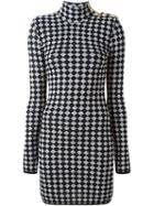 Balmain Check Pattern Mini Dress, Women's, Size: 38, Black, Wool