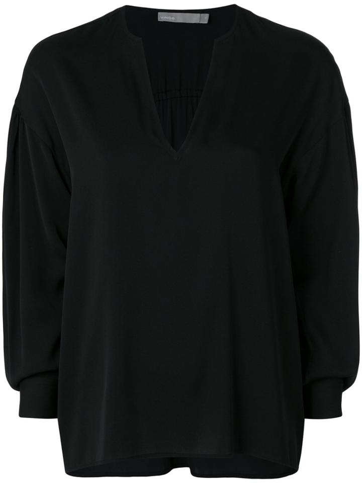 Vince Ruched Split Neck Blouse - Black