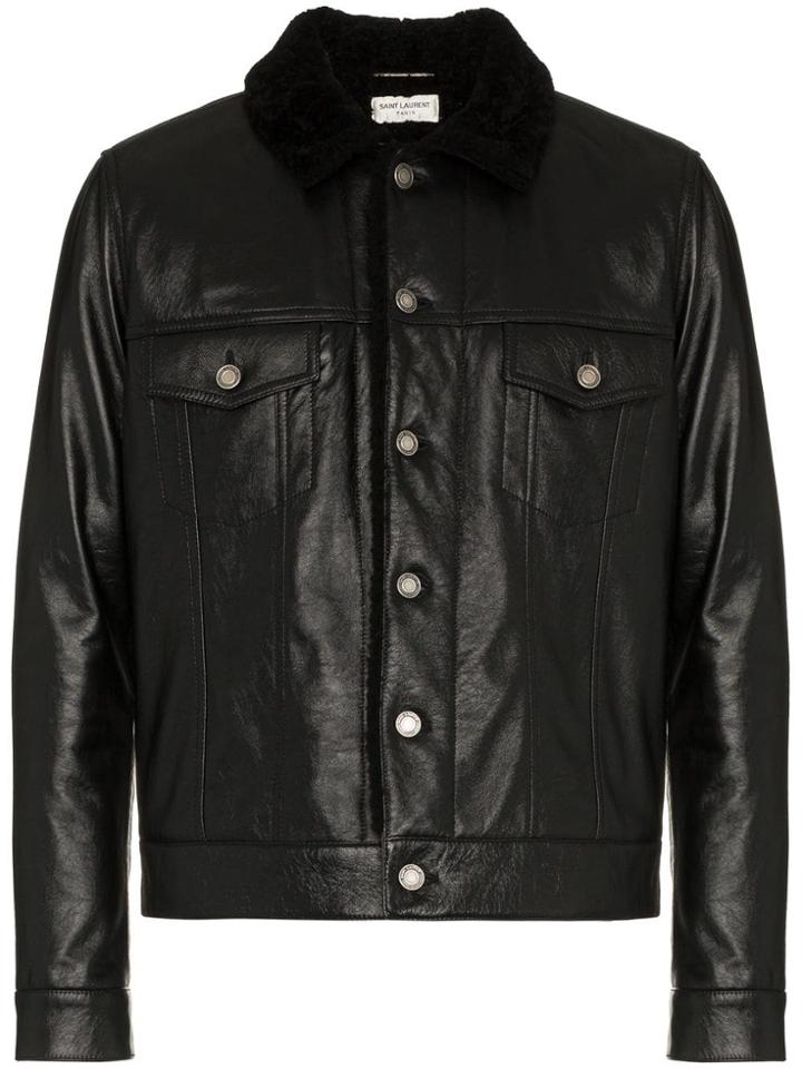 Saint Laurent Leather Jacket With Shearling Collar - Black