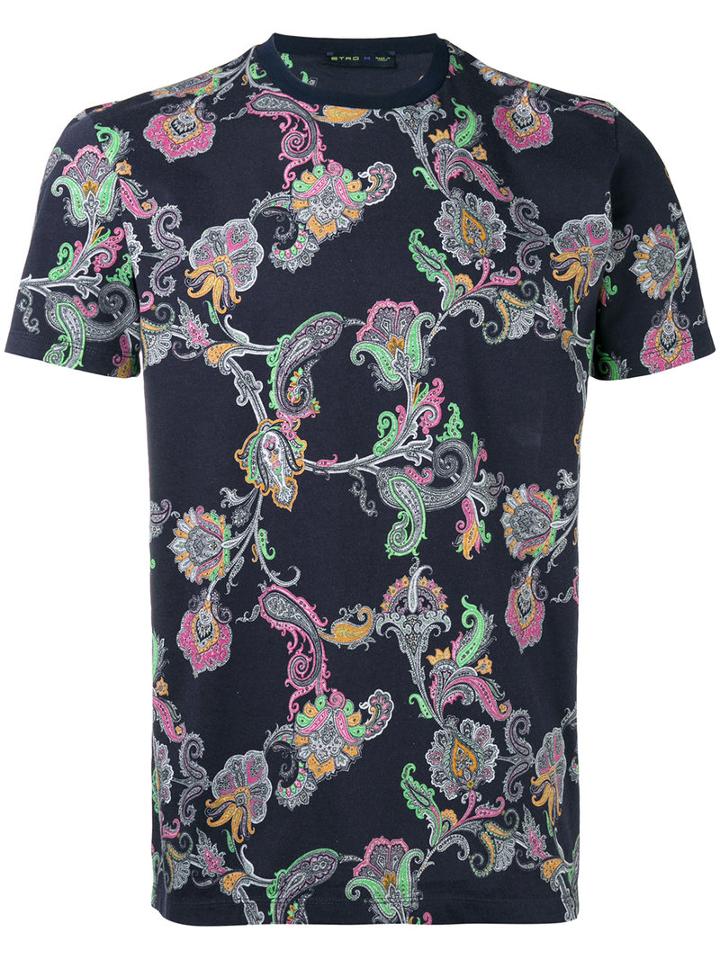 Etro Floral Print T-shirt, Men's, Size: Large, Blue, Cotton