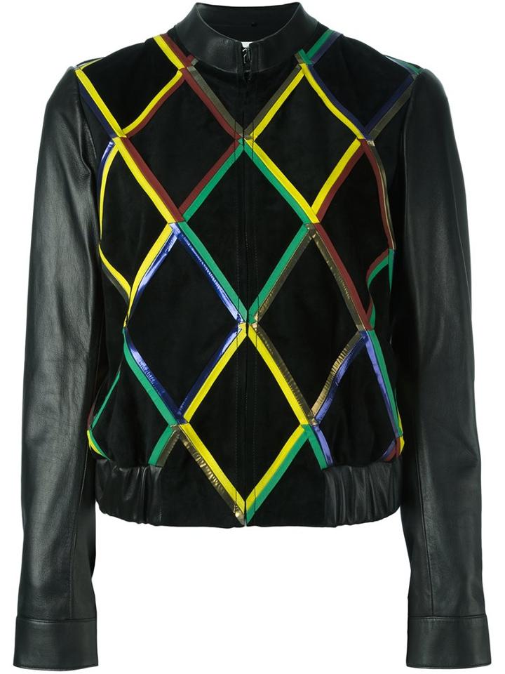 Marco De Vincenzo Diamond Pattern Leather Jacket, Women's, Size: 40, Black, Calf Leather/lamb Skin/polyurethane