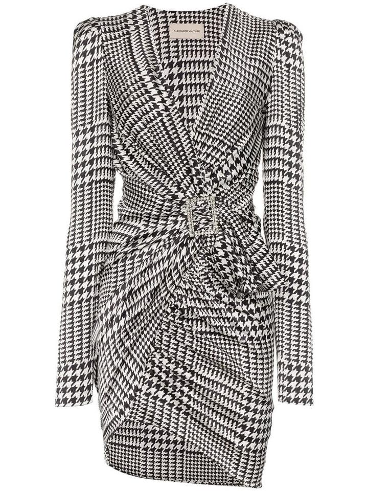 Alexandre Vauthier V-neck Houndstooth Print Silk Blend Mini Dress -