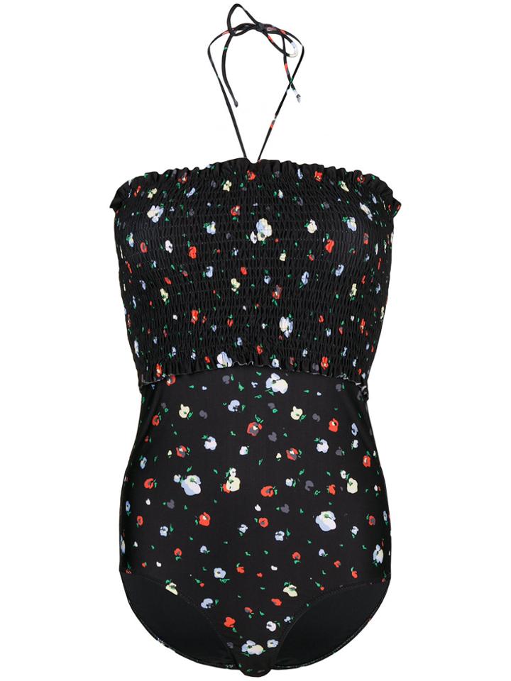 Ganni Ruched Floral Swimsuit - Black