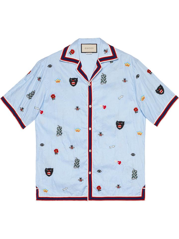 Gucci Embroidered Cotton Bowling Shirt - Blue