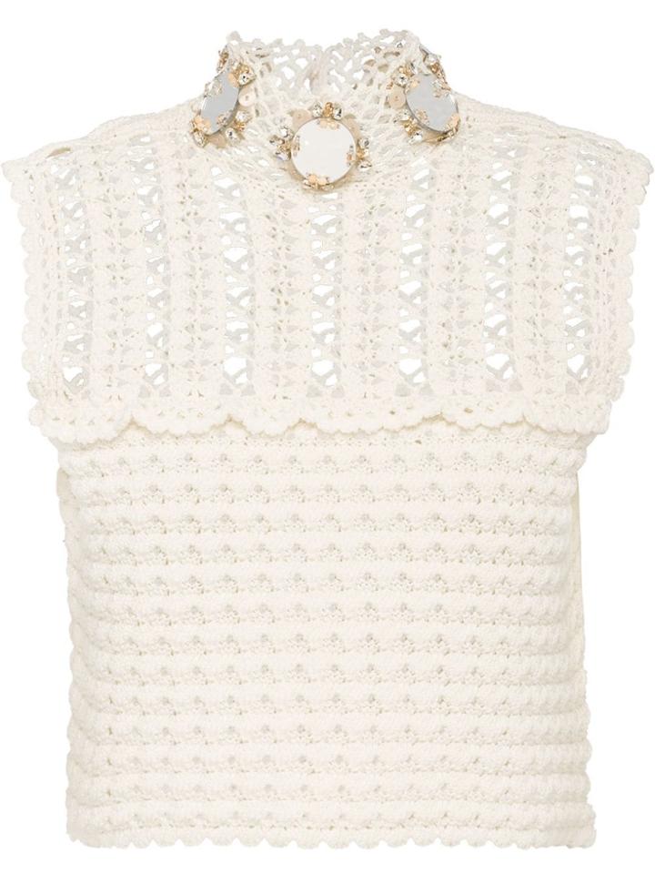 Miu Miu Cotton Crochet Top With Embellishment - White