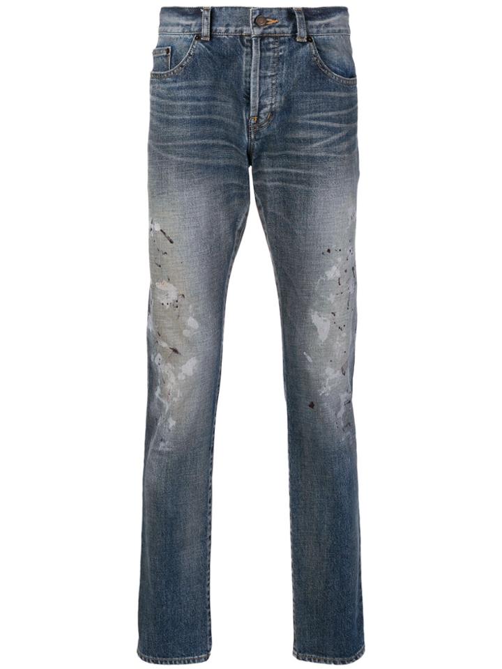 Saint Laurent Paint Detail Slim Jeans - Blue
