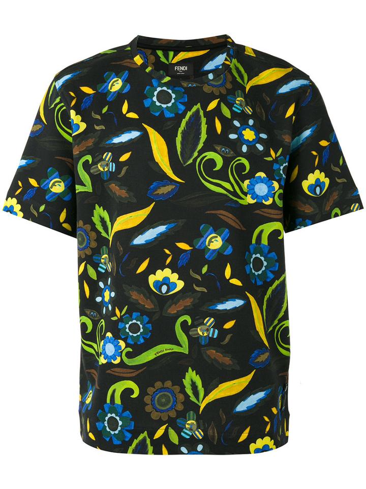 Fendi Short-sleeved Flower Print T-shirt, Men's, Size: 48, Black, Cotton/polyamide