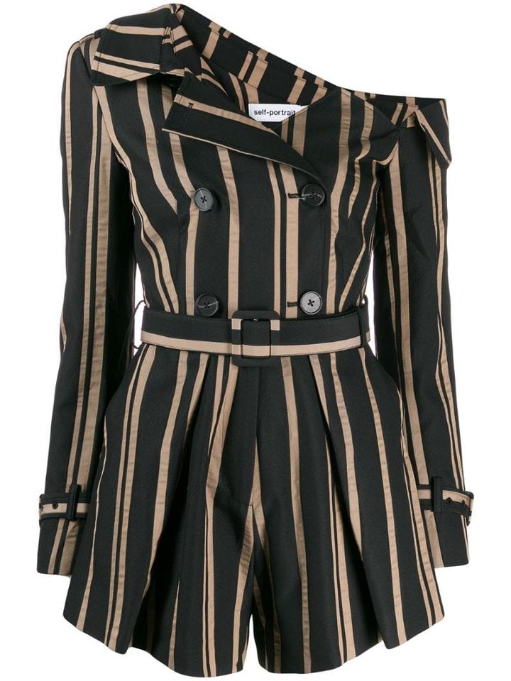 Self-portrait Striped Off-shoulder Playsuit - Black