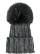 Inverni Raccoon Fur Single Pom Pom Beanie Hat - Grey