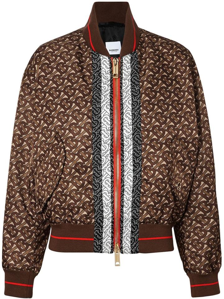 Burberry Monogram Stripe Print Nylon Bomber Jacket - Brown