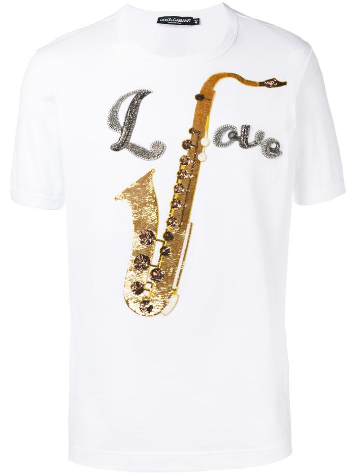 Dolce & Gabbana Saxophone Print T-shirt, Men's, Size: 48, White, Cotton/polyester/glass/silk