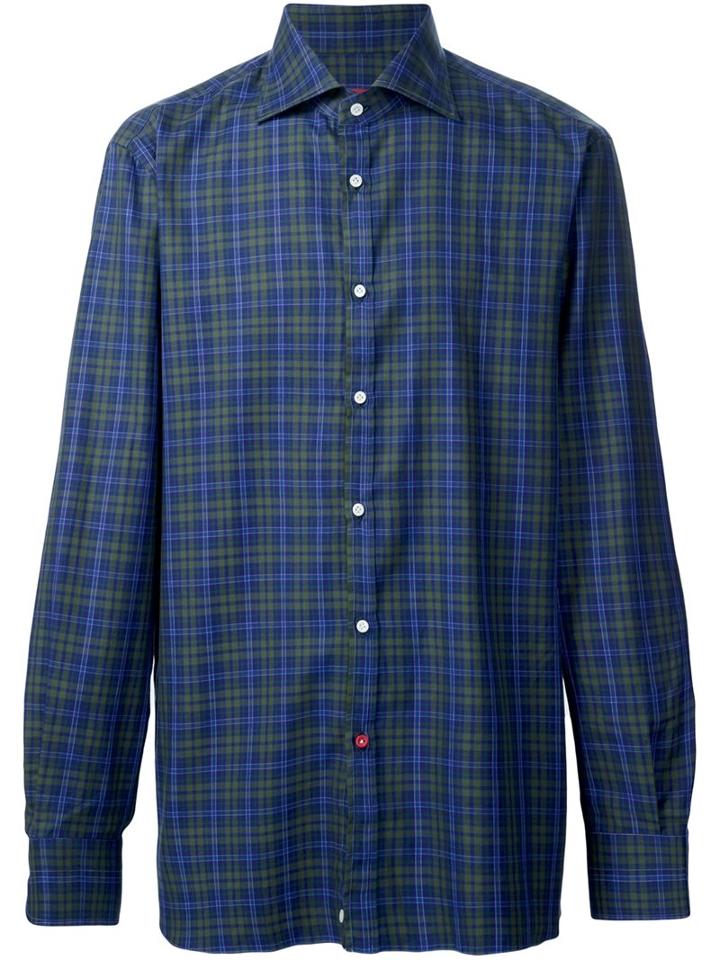 Isaia Casual Checked Shirt, Men's, Size: 15 1/2, Blue, Cotton