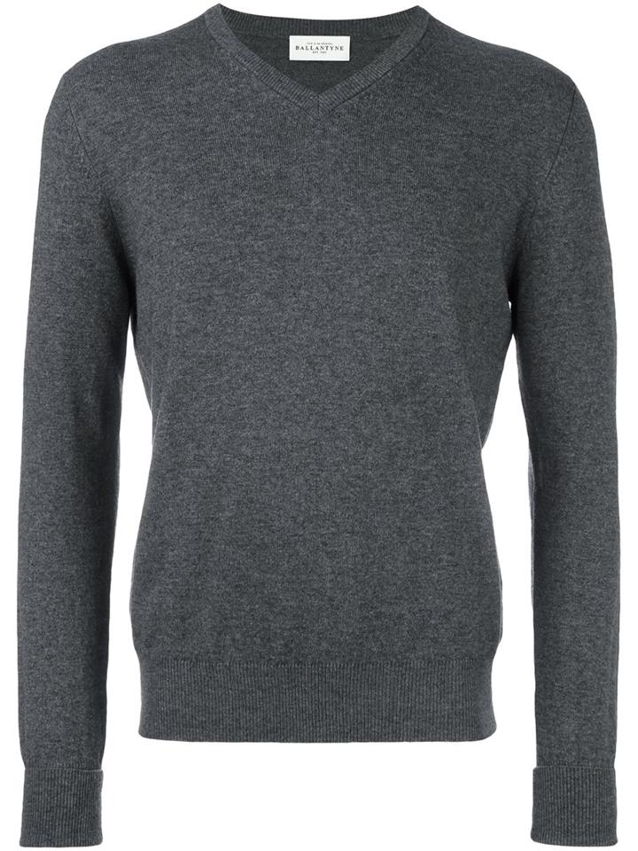 Ballantyne V Neck Jumper, Men's, Size: 50, Grey, Cashmere/wool