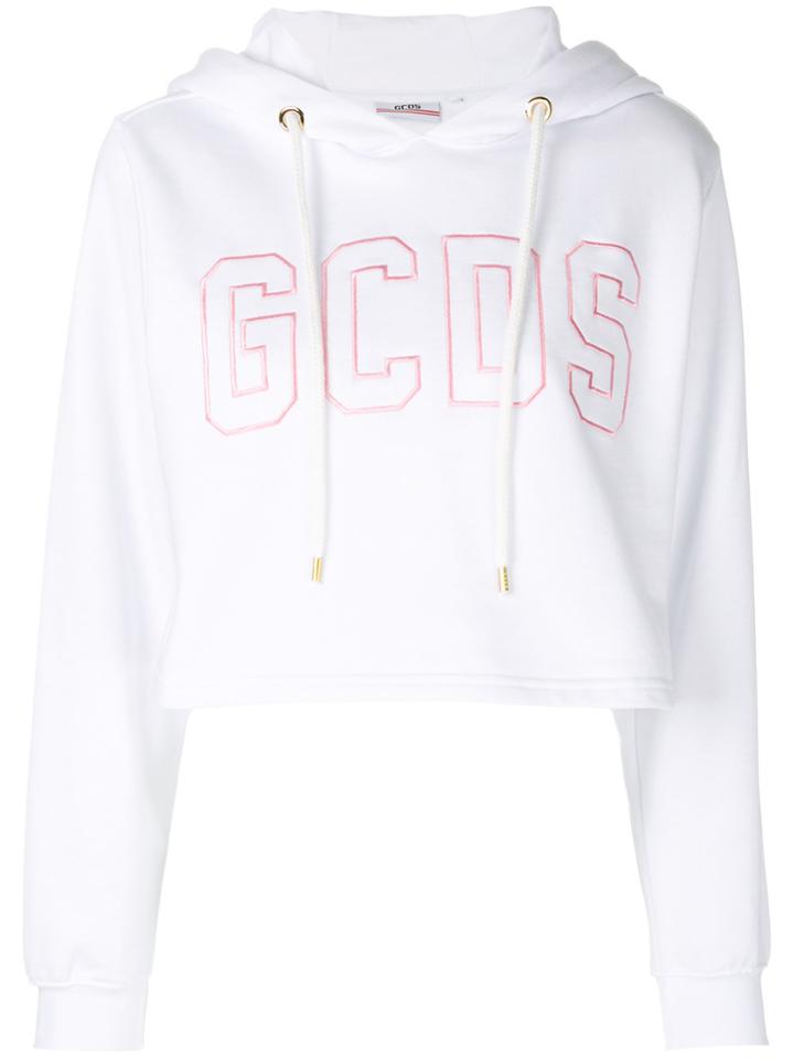 Gcds Logo Embroidered Crop Hoodie - White