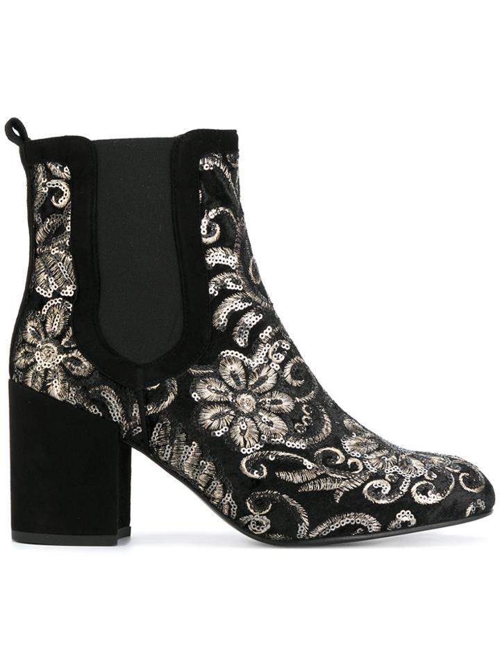 Stuart Weitzman Floral Sequin Heeled Booties - Black