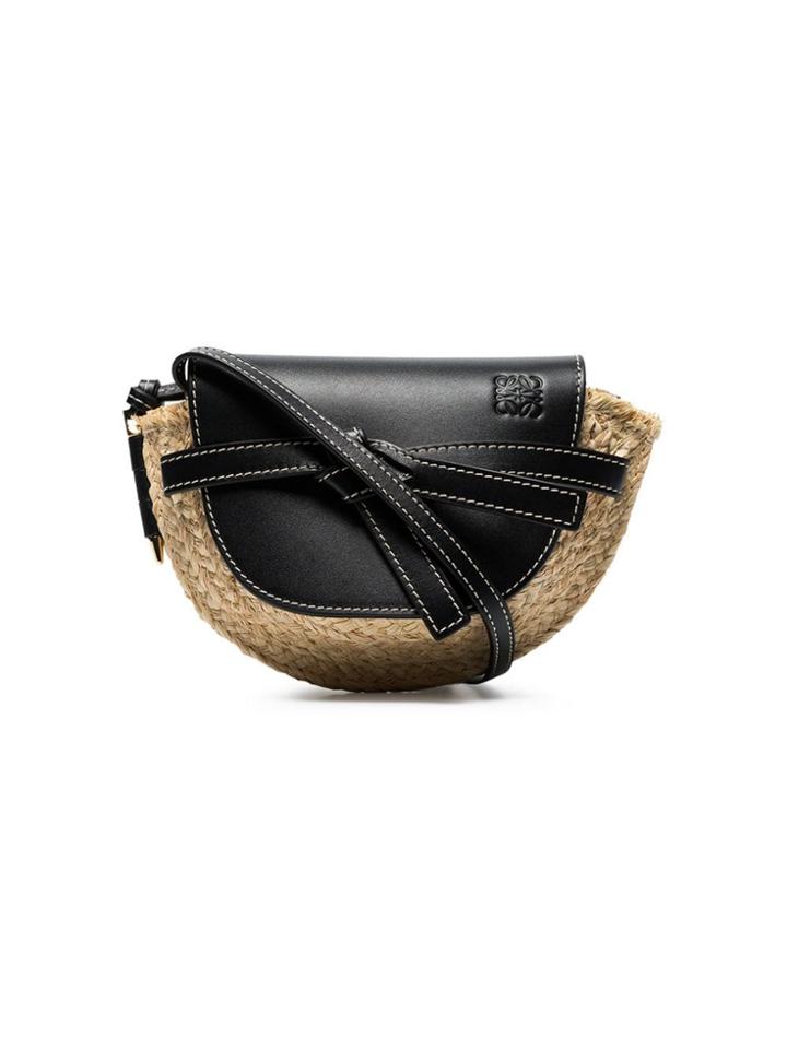 Loewe Black And Beige Gate Mini Leather And Raffia Shoulder Bag