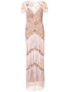 Marchesa Notte Fringed Embroidered Maxi Dress - Pink