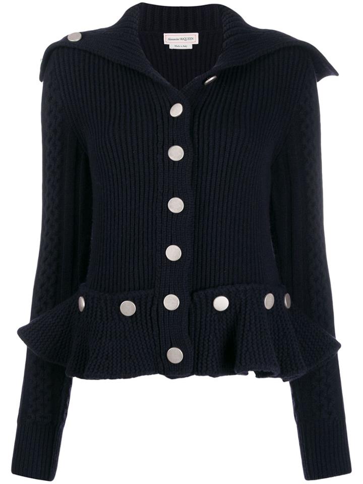 Alexander Mcqueen Ribbed-knit Peplum Cardigan - Blue