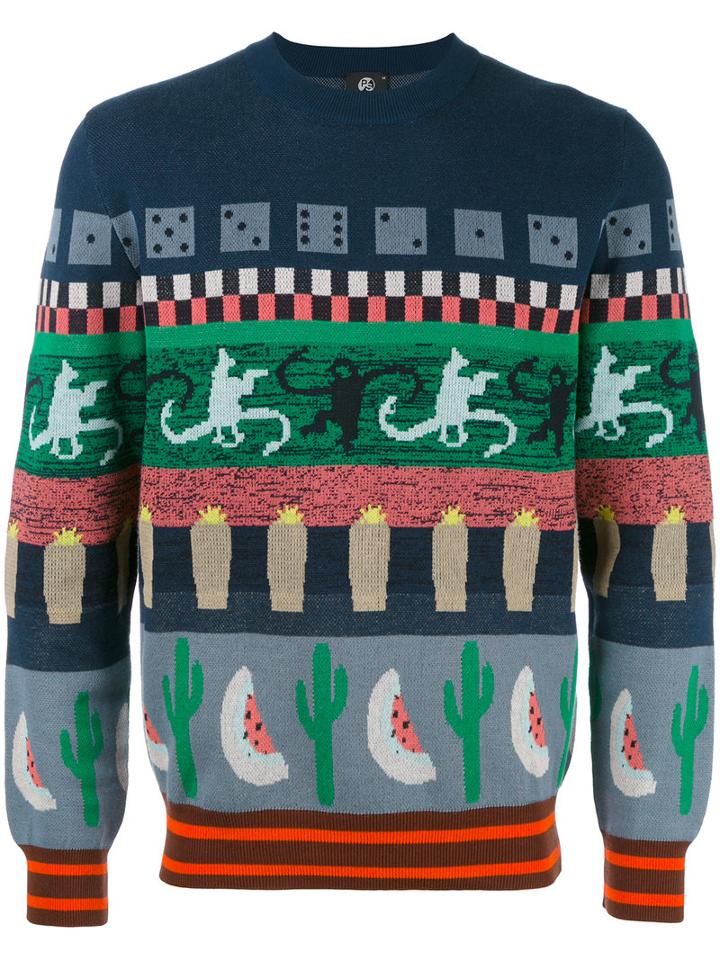 Ps By Paul Smith Multi Figures Jumper, Men's, Size: Large, Blue, Cotton