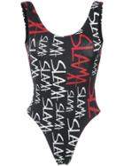 Amir Slama Logo Print Swimsuit - Black