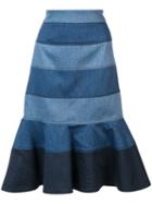 Carolina Herrera Striped Denim Trumpet Skirt, Women's, Size: 4, Blue, Acetate/polyester/cotton