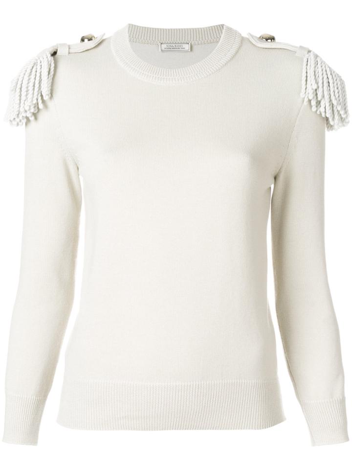 Nina Ricci Shoulder Fringe Fitted Sweater - Nude & Neutrals