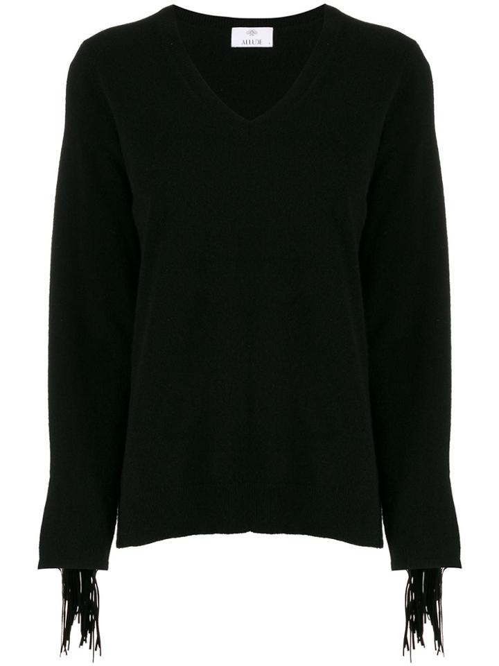 Allude V-neck Tassel Sleeve Sweater - Black