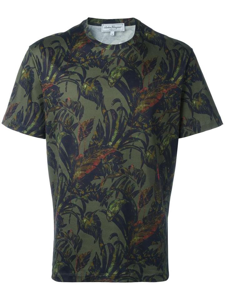 Salvatore Ferragamo Foliage Print T-shirt, Men's, Size: Large, Green, Cotton