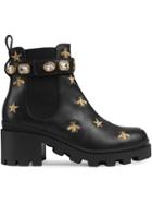 Gucci Embroidered Leather Ankle Boot With Belt - Black