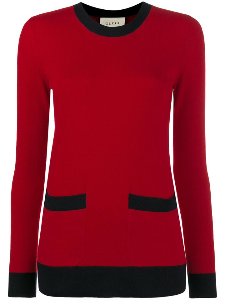 Gucci Crew Neck Cashmere Jumper With Front Pockets - Red