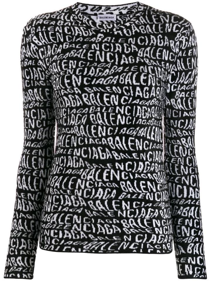 Balenciaga Wavy Logo Knitted Crewneck Top - Black