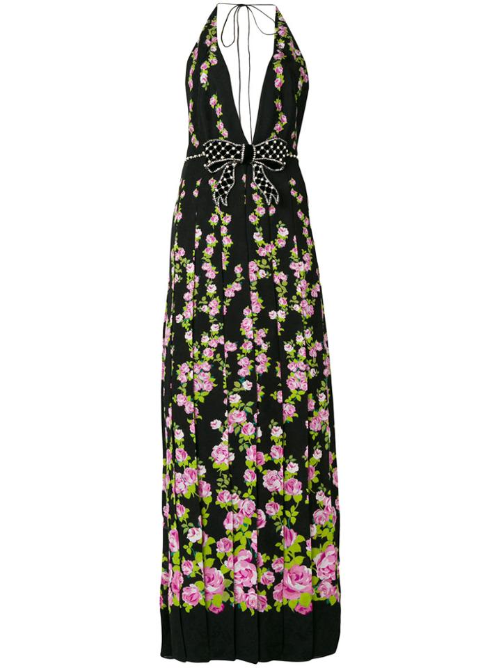 Gucci Climbing Roses Print Bow Embellished Gown - Black