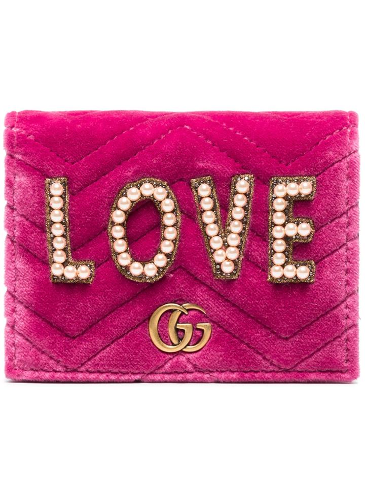 Gucci Pink Gg Marmont Embellished Small Velvet Wallet - Pink & Purple
