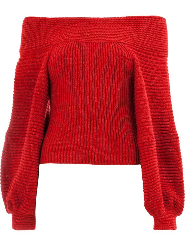 Oscar De La Renta Off Shoulder Ribbed Sweater - Red