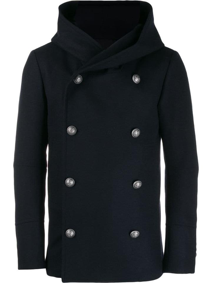 Balmain Hooded Double-breasted Coat - Blue