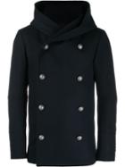 Balmain Hooded Double-breasted Coat - Blue