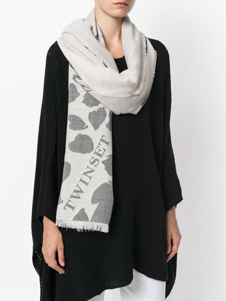Twin-set - Frayed Edge Heart Print Scarf - Women - Acrylic/polyester/modal/viscose - One Size, Nude/neutrals, Acrylic/polyester/modal/viscose