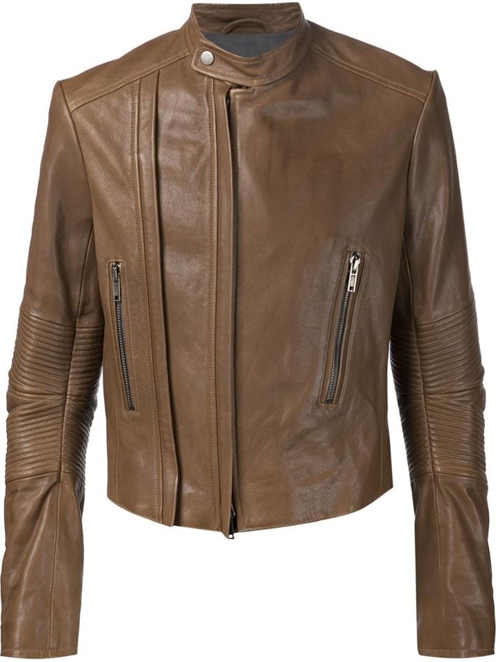 Haider Ackermann Ribbed Sleeve Biker Jacket, Men's, Size: Small, Brown, Leather