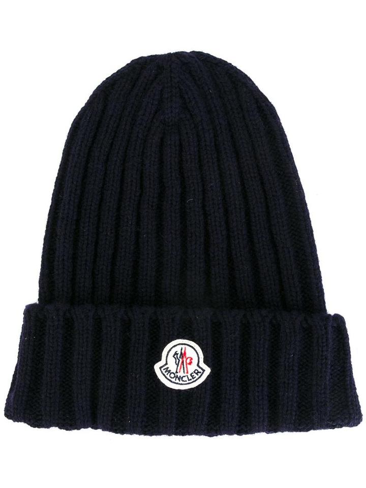 Moncler Ribbed Knit Beanie, Men's, Blue, Wool