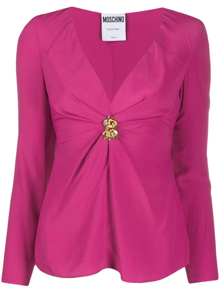 Moschino Logo Plaque V-neck Top - Pink
