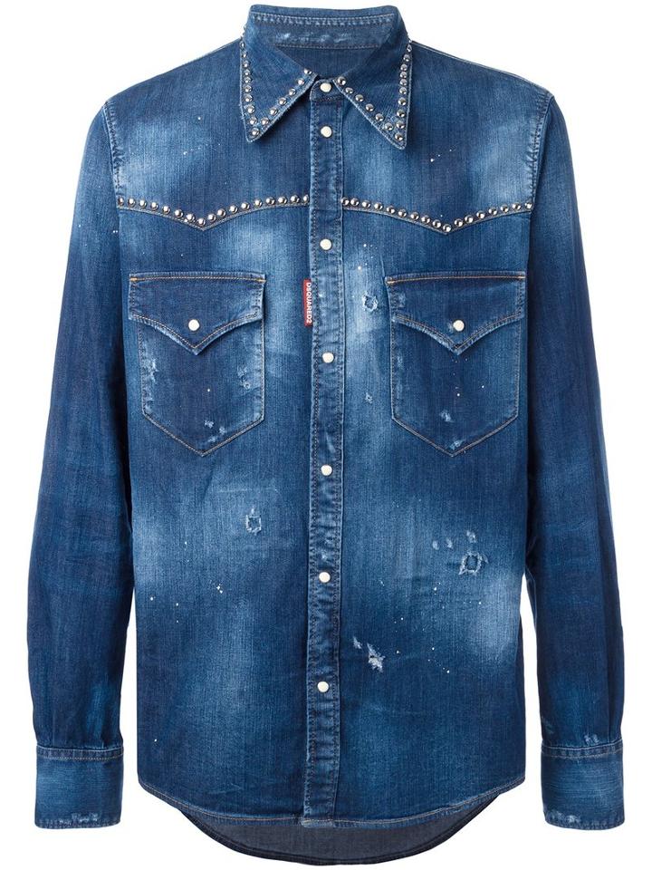 Dsquared2 Studded Distressed Western Shirt, Men's, Size: 50, Blue, Cotton/spandex/elastane/aluminium