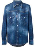Dsquared2 Studded Distressed Western Shirt, Men's, Size: 50, Blue, Cotton/spandex/elastane/aluminium