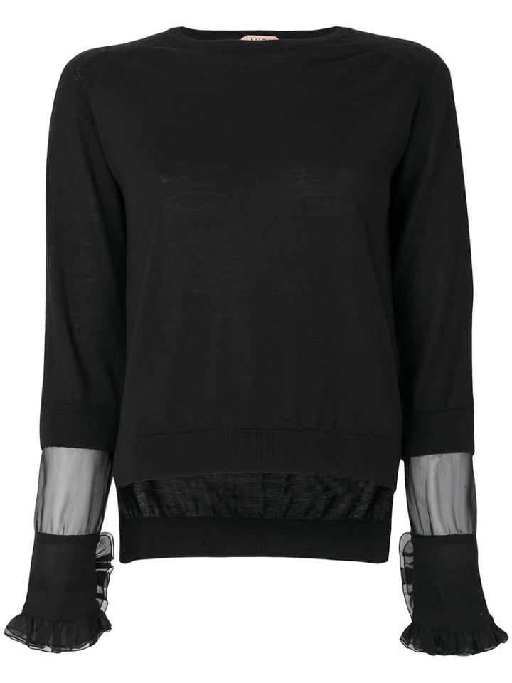 No21 - Sheer Panel And Frill Trim Sleeve Knit Top - Women - Silk/virgin Wool - 40, Black, Silk/virgin Wool